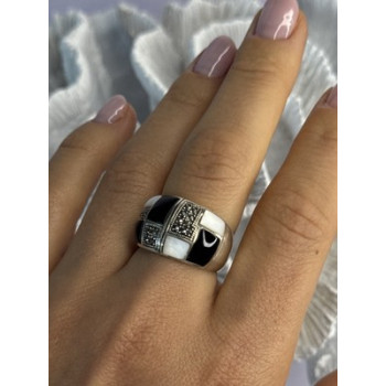 925 Sterling Silver Onyx Abalone Marcasite Ring Size 8