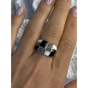 925 Sterling Silver Onyx Abalone Marcasite Ring Size 8