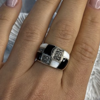 925 Sterling Silver Onyx Abalone Marcasite Ring Size 8