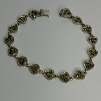 Vintage 925 Sterling Silver Marcasite Heart Bracelet Length 7 Inch