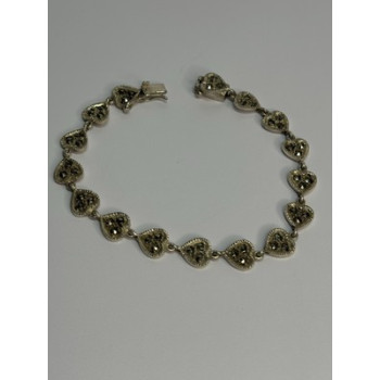 Vintage 925 Sterling Silver Marcasite Heart Bracelet Length 7 Inch