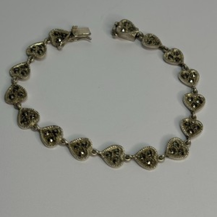 Vintage 925 Sterling Silver Marcasite Heart Bracelet Length 7 Inch