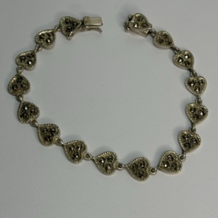 Vintage 925 Sterling Silver Marcasite Heart Bracelet Length 7 Inch