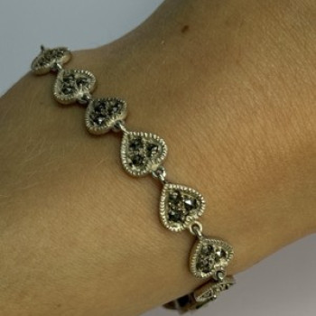 Vintage 925 Sterling Silver Marcasite Heart Bracelet Length 7 Inch