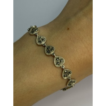 Vintage 925 Sterling Silver Marcasite Heart Bracelet Length 7 Inch