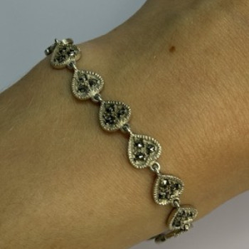 Vintage 925 Sterling Silver Marcasite Heart Bracelet Length 7 Inch