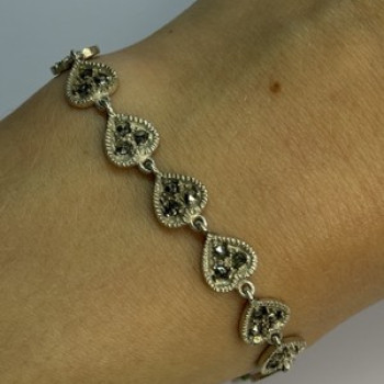 Vintage 925 Sterling Silver Marcasite Heart Bracelet Length 7 Inch