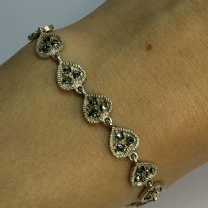 Vintage 925 Sterling Silver Marcasite Heart Bracelet Length 7 Inch