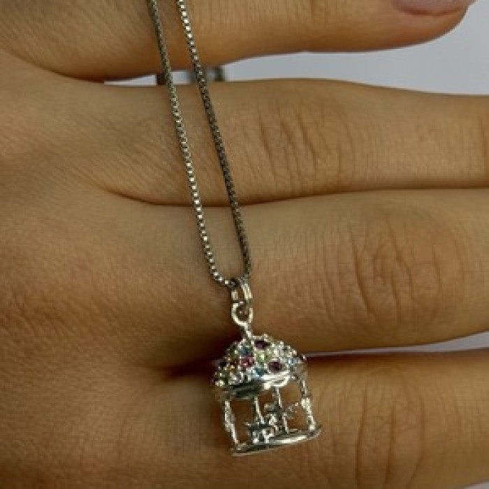 925 Sterling Silver Multi-Color CZ Merry-Go-Round Pendant Necklace Length 18/16