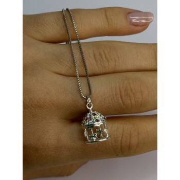 925 Sterling Silver Multi-Color CZ Merry-Go-Round Pendant Necklace Length 18/16