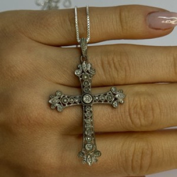 925 Sterling Silver Diamond Cross Necklace Length 30 In