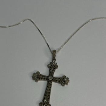 925 Sterling Silver Diamond Cross Necklace Length 30 In