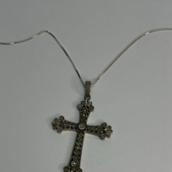 925 Sterling Silver Diamond Cross Necklace Length 30 In