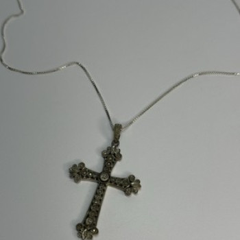 925 Sterling Silver Diamond Cross Necklace Length 30 In