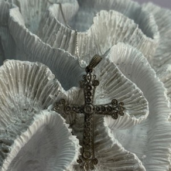 925 Sterling Silver Diamond Cross Necklace Length 30 In
