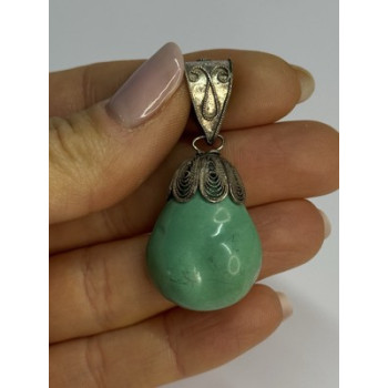 Vintage 925 Sterling Silver Malachite Pendant Length 2 Inch