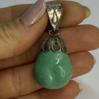 Vintage 925 Sterling Silver Malachite Pendant Length 2 Inch