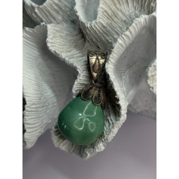 Vintage 925 Sterling Silver Malachite Pendant Length 2 Inch