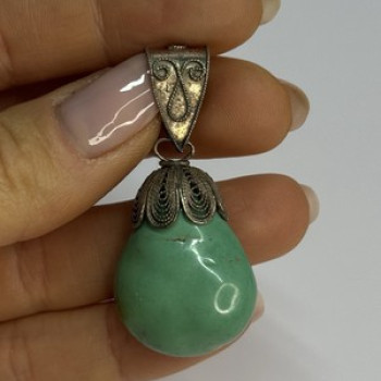 Vintage 925 Sterling Silver Malachite Pendant Length 2 Inch