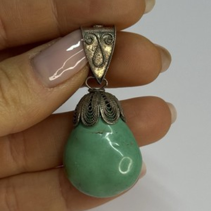 Vintage 925 Sterling Silver Malachite Pendant Length 2 Inch