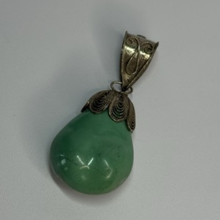 Vintage 925 Sterling Silver Malachite Pendant Length 2 Inch