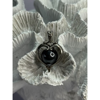 925 Sterling Silver Hematite Heart Pendant Length 1.1 Inch