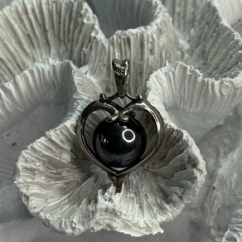 925 Sterling Silver Hematite Heart Pendant Length 1.1 Inch