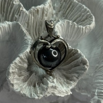 925 Sterling Silver Hematite Heart Pendant Length 1.1 Inch