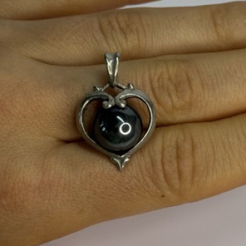 925 Sterling Silver Hematite Heart Pendant Length 1.1 Inch
