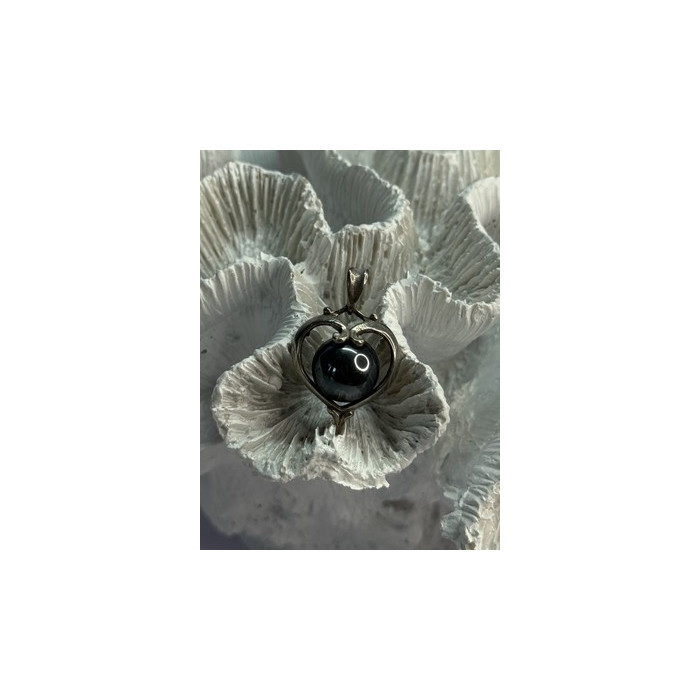 925 Sterling Silver Hematite Heart Pendant Length 1.1 Inch