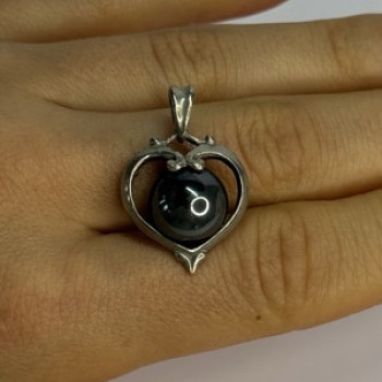 925 Sterling Silver Hematite Heart Pendant Length 1.1 Inch