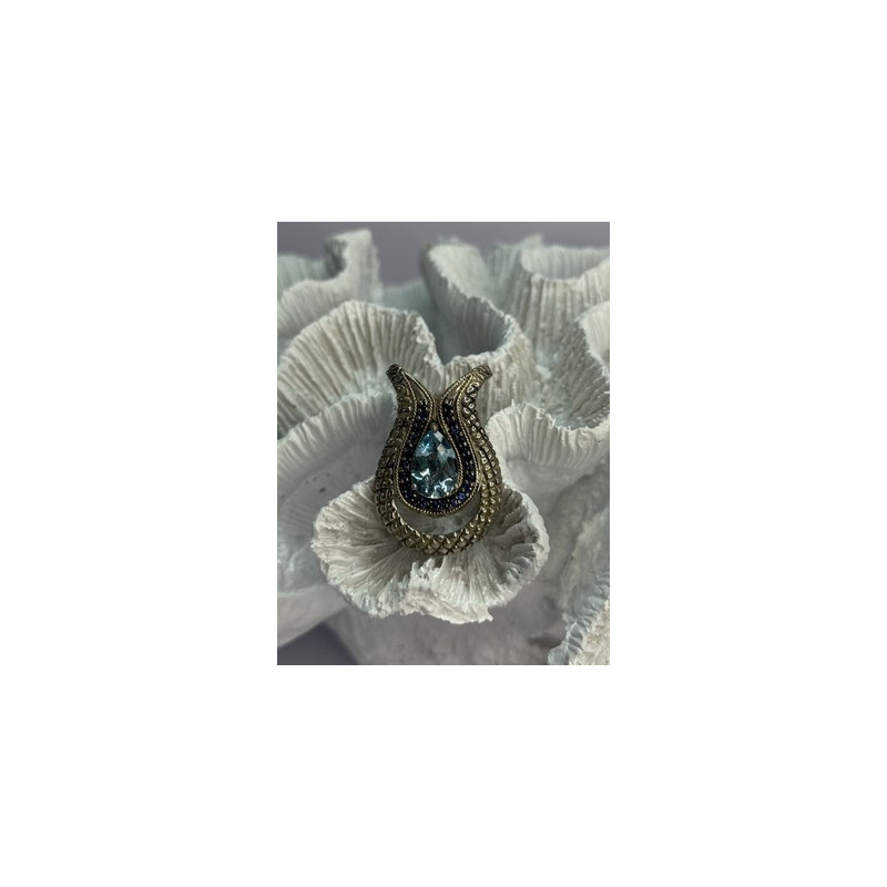 925 Sterling Silver 18k Yellow Gold Topaz & Sapphire Pendant Length 1.3 Inch