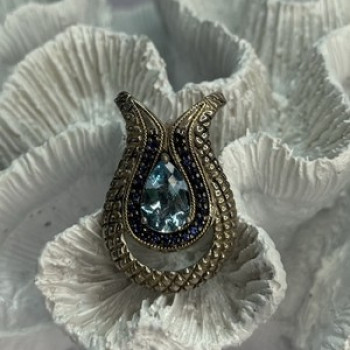 925 Sterling Silver 18k Yellow Gold Topaz & Sapphire Pendant Length 1.3 Inch