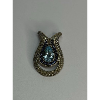 925 Sterling Silver 18k Yellow Gold Topaz & Sapphire Pendant Length 1.3 Inch