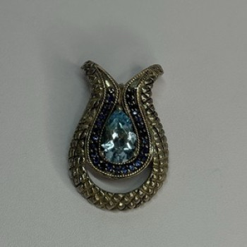 925 Sterling Silver 18k Yellow Gold Topaz & Sapphire Pendant Length 1.3 Inch