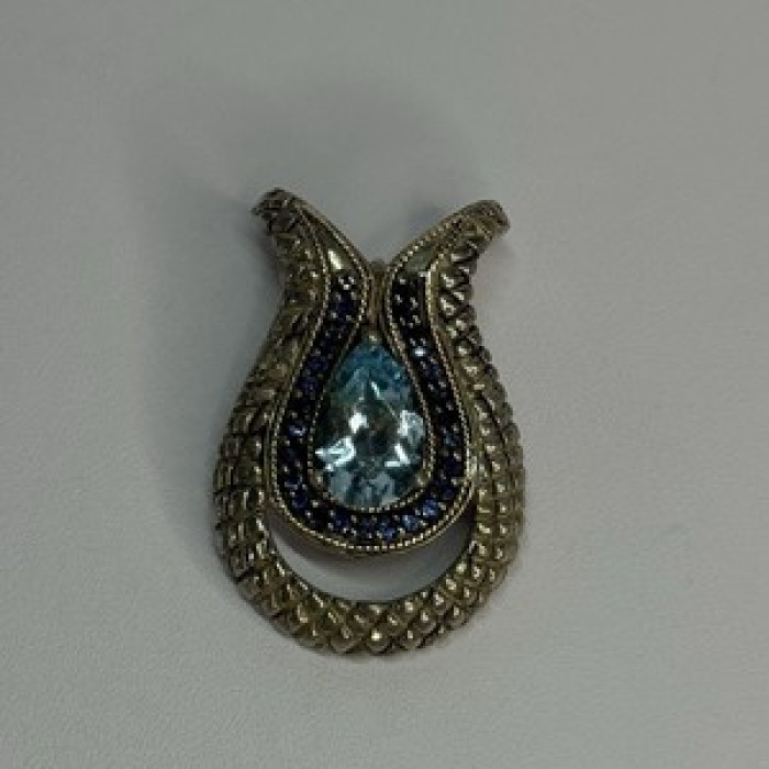925 Sterling Silver 18k Yellow Gold Topaz & Sapphire Pendant Length 1.3 Inch