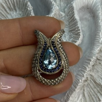 925 Sterling Silver 18k Yellow Gold Topaz & Sapphire Pendant Length 1.3 Inch