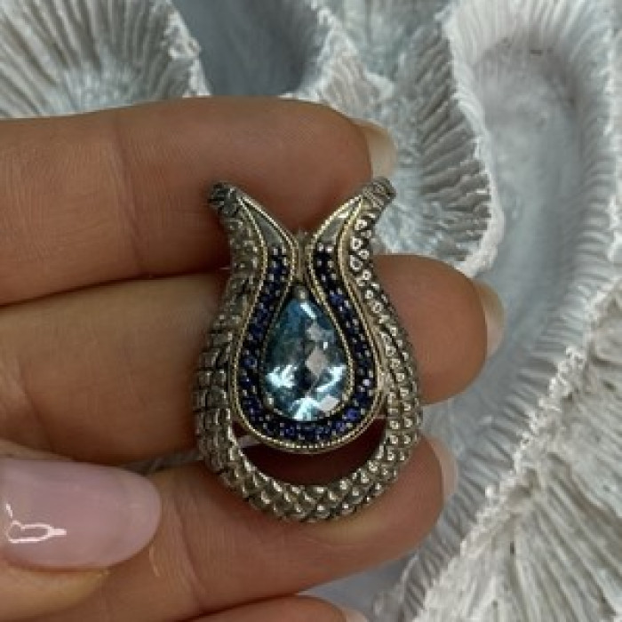 925 Sterling Silver 18k Yellow Gold Topaz & Sapphire Pendant Length 1.3 Inch