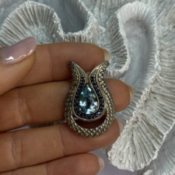 925 Sterling Silver 18k Yellow Gold Topaz & Sapphire Pendant Length 1.3 Inch