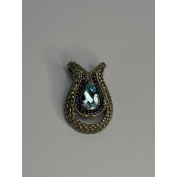 925 Sterling Silver 18k Yellow Gold Topaz & Sapphire Pendant Length 1.3 Inch