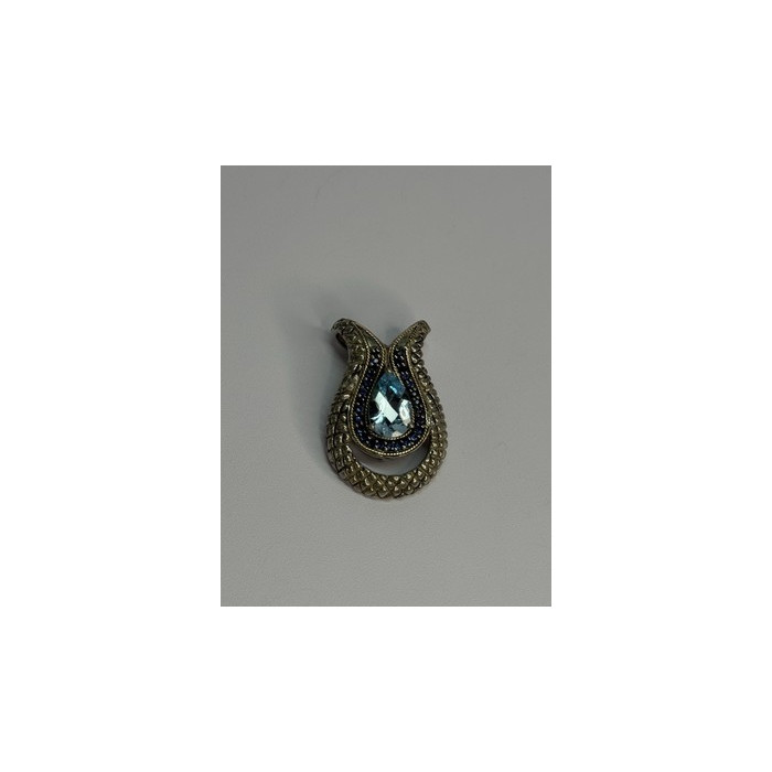 925 Sterling Silver 18k Yellow Gold Topaz & Sapphire Pendant Length 1.3 Inch