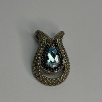 925 Sterling Silver 18k Yellow Gold Topaz & Sapphire Pendant Length 1.3 Inch