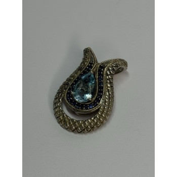 925 Sterling Silver 18k Yellow Gold Topaz & Sapphire Pendant Length 1.3 Inch