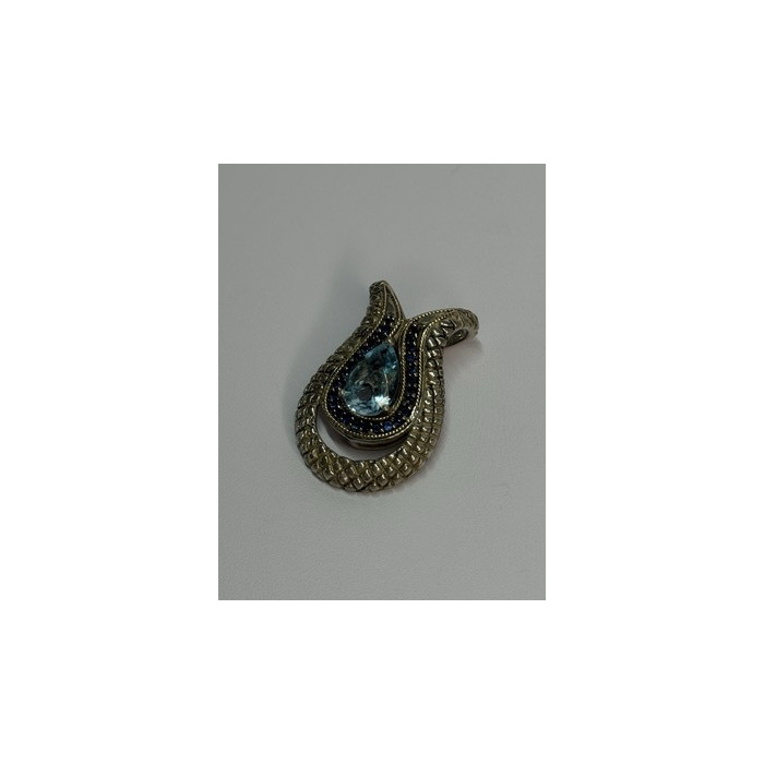 925 Sterling Silver 18k Yellow Gold Topaz & Sapphire Pendant Length 1.3 Inch