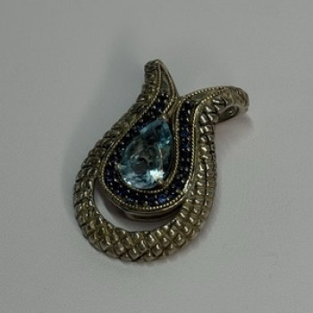 925 Sterling Silver 18k Yellow Gold Topaz & Sapphire Pendant Length 1.3 Inch