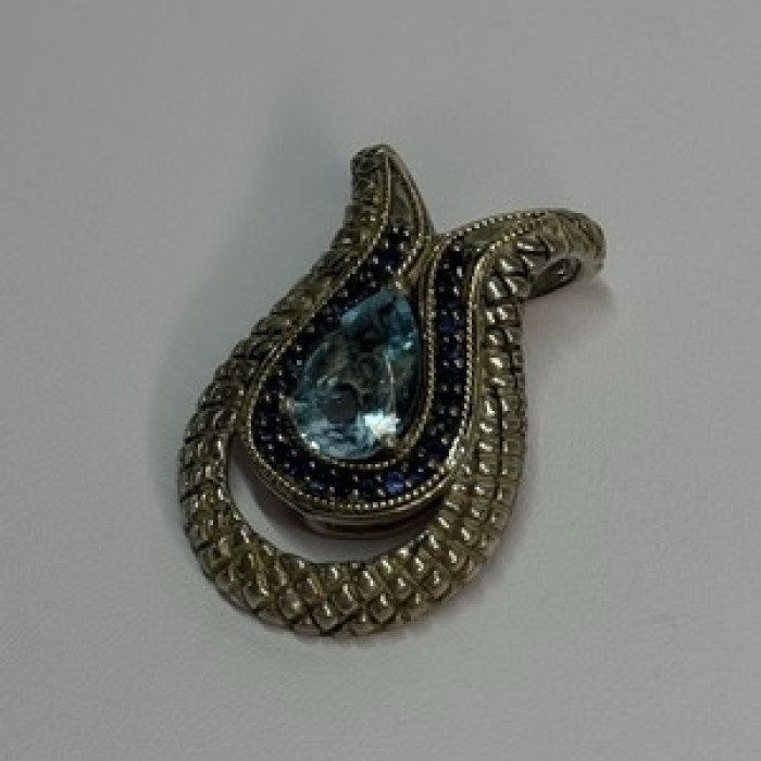 925 Sterling Silver 18k Yellow Gold Topaz & Sapphire Pendant Length 1.3 Inch