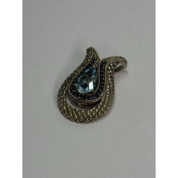 925 Sterling Silver 18k Yellow Gold Topaz & Sapphire Pendant Length 1.3 Inch