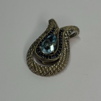 925 Sterling Silver 18k Yellow Gold Topaz & Sapphire Pendant Length 1.3 Inch