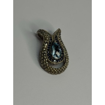 925 Sterling Silver 18k Yellow Gold Topaz & Sapphire Pendant Length 1.3 Inch