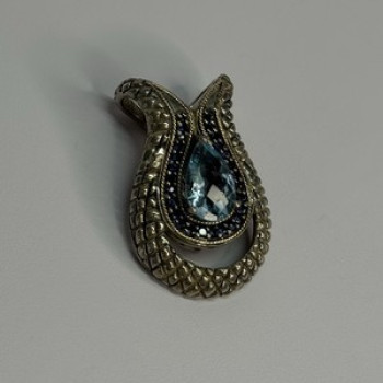 925 Sterling Silver 18k Yellow Gold Topaz & Sapphire Pendant Length 1.3 Inch